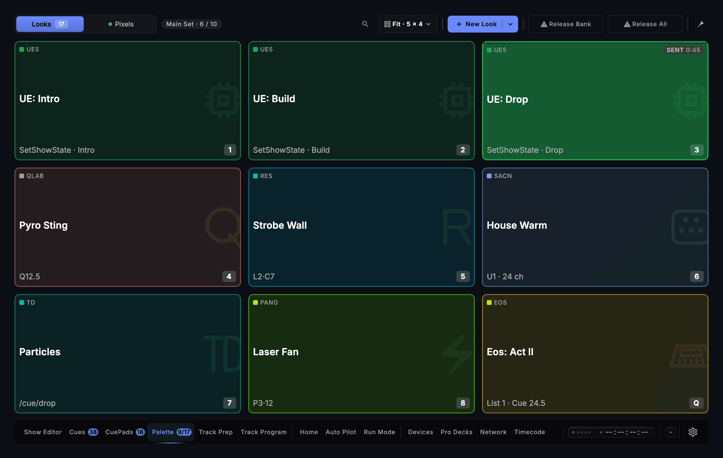 CueSync's Palette board: nine tiles, each naming its own target across Unreal, QLab, Resolume, DMX, OSC, laser and Eos.