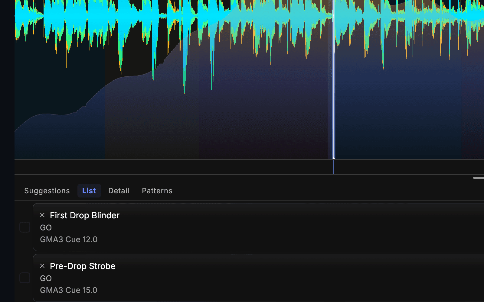 CueSync's Track Prep: a track's waveform and rising energy above the cues it planned, First Drop Blinder firing GMA3 cue 12.0 and Pre-Drop Strobe firing cue 15.0.