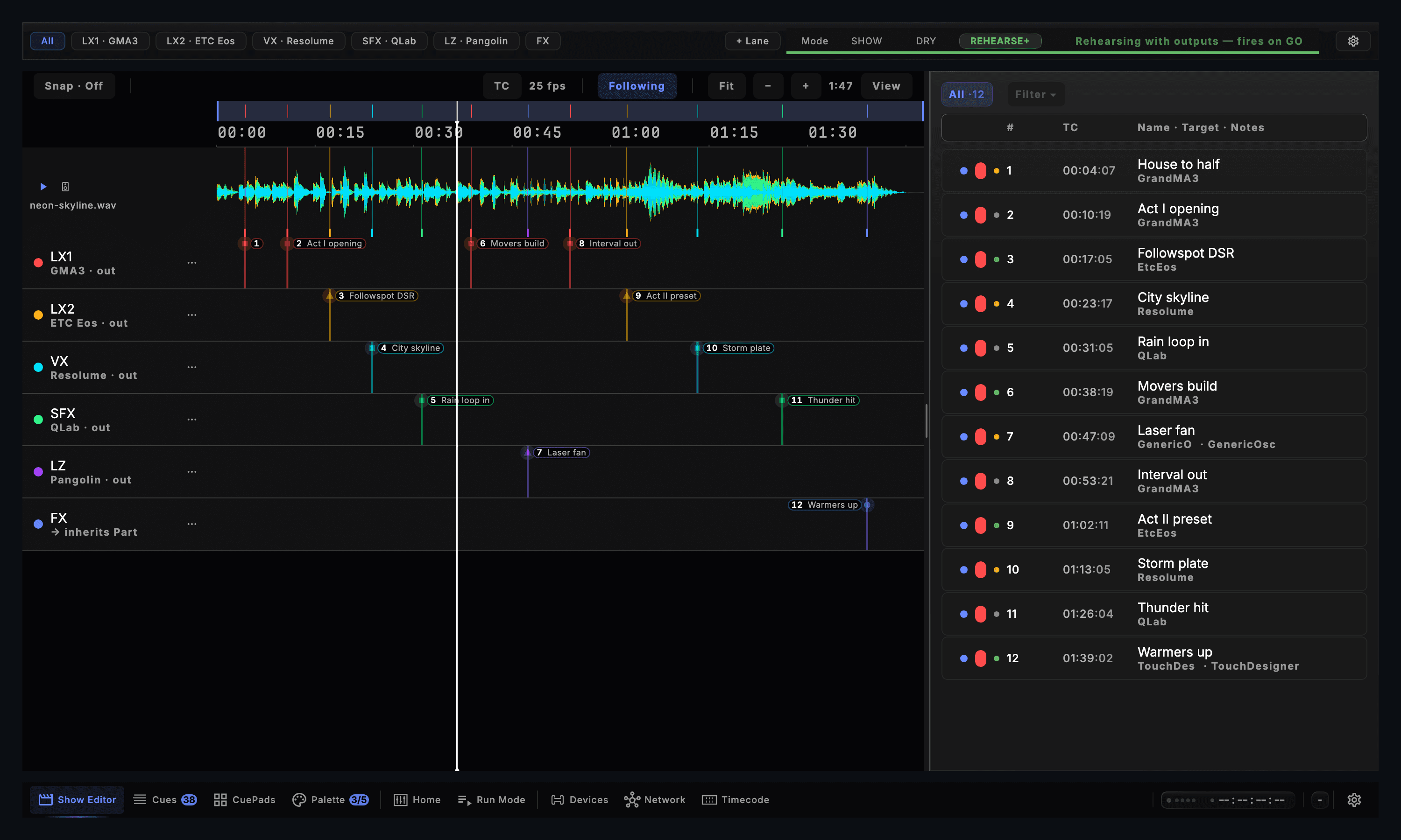CueSync's Show Editor with the cue list beside the timeline: six routed lanes on one ruler and every cue with its timecode and target.