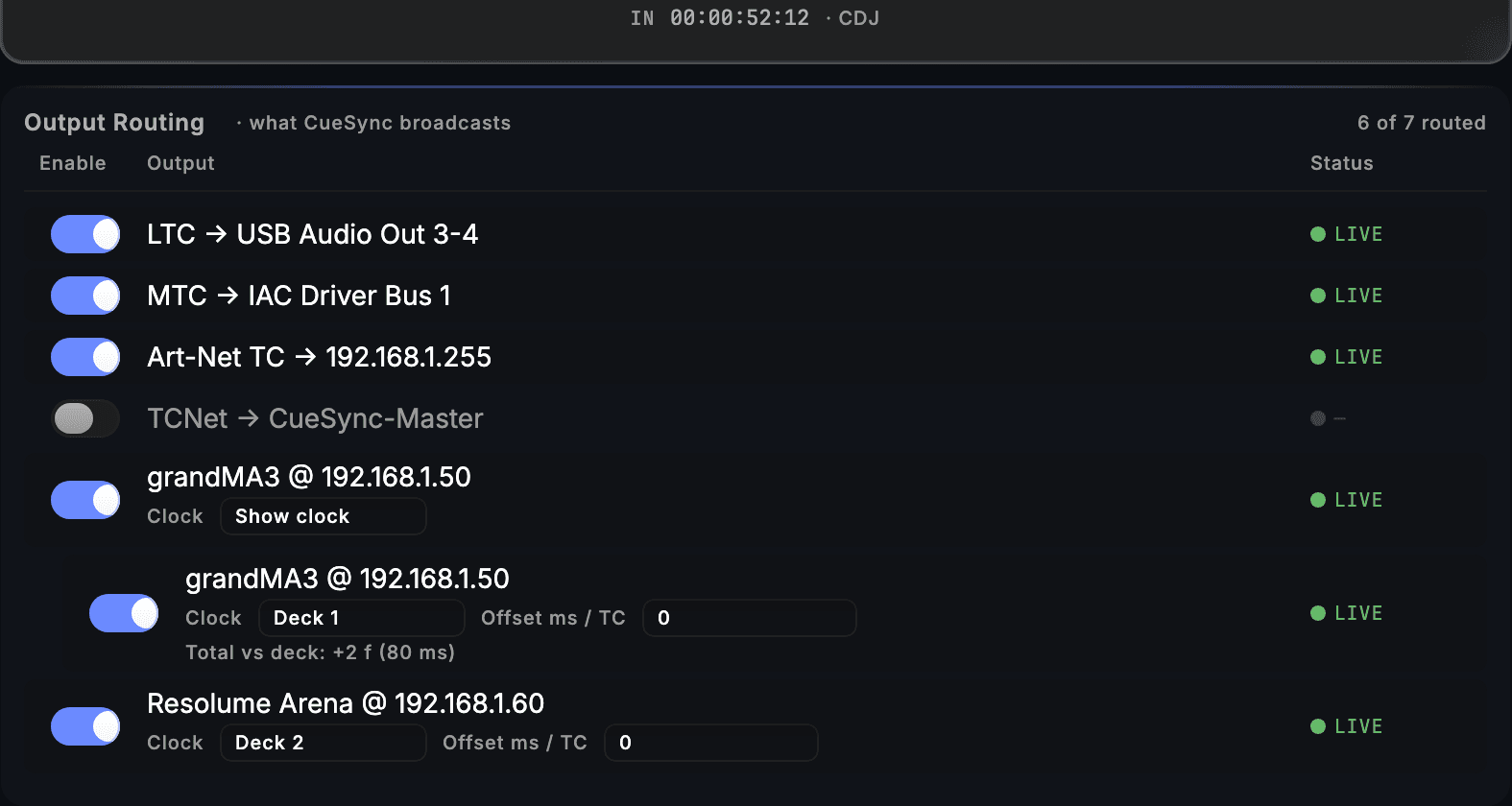 CueSync's Output Routing: the CDJ's timecode in at 00:00:52:12, out on LTC, MTC and Art-Net, and to two desks on a single deck's clock.
