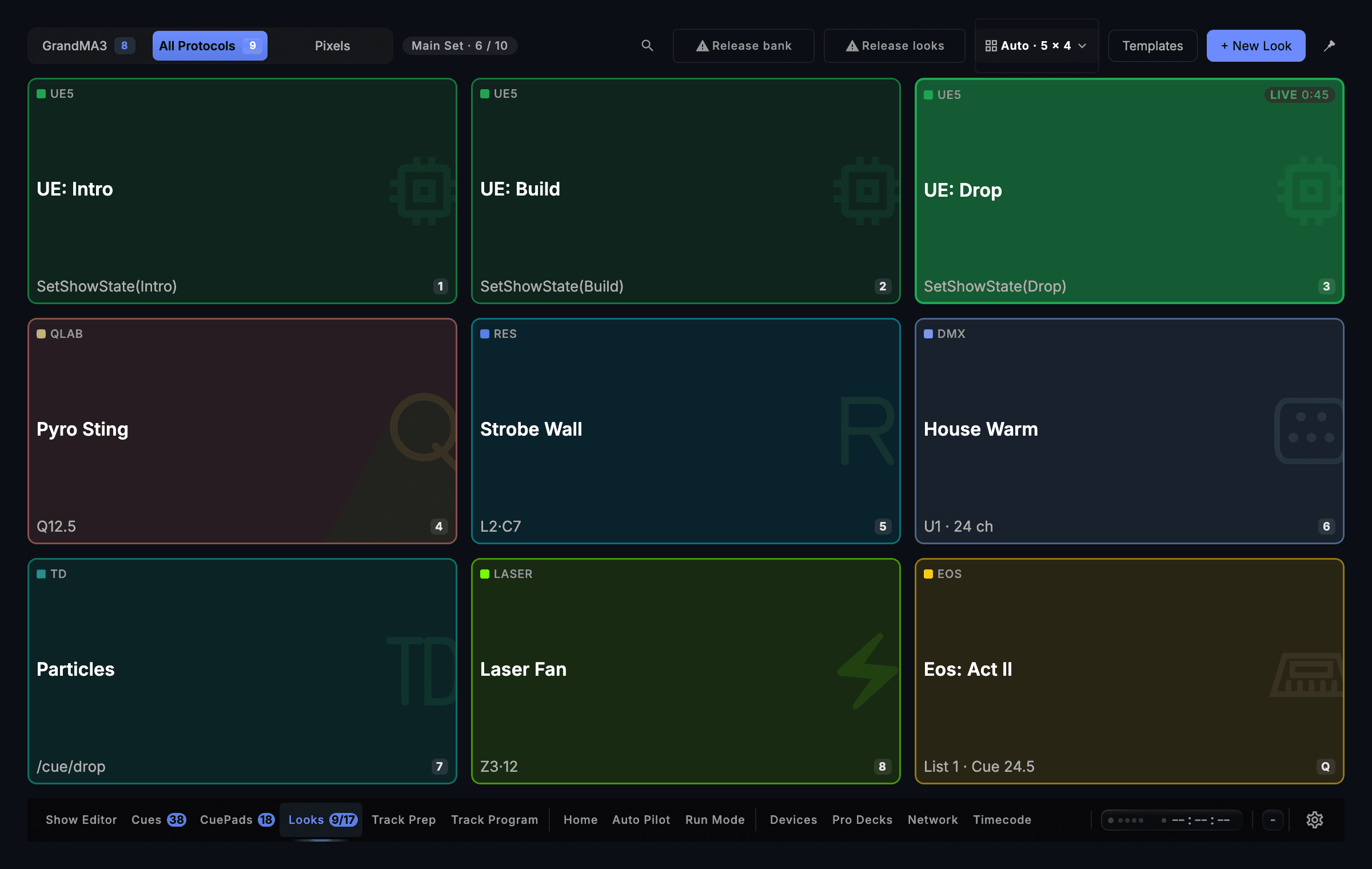 CueSync's All Protocols board: nine tiles, each naming its own target across Unreal, QLab, Resolume, DMX, OSC, laser and Eos.