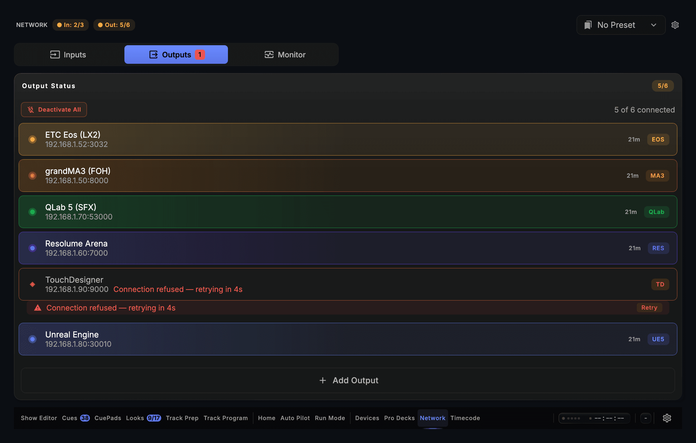 CueSync's Outputs board: six outputs on one rig, five connected and one refused with its retry countdown.