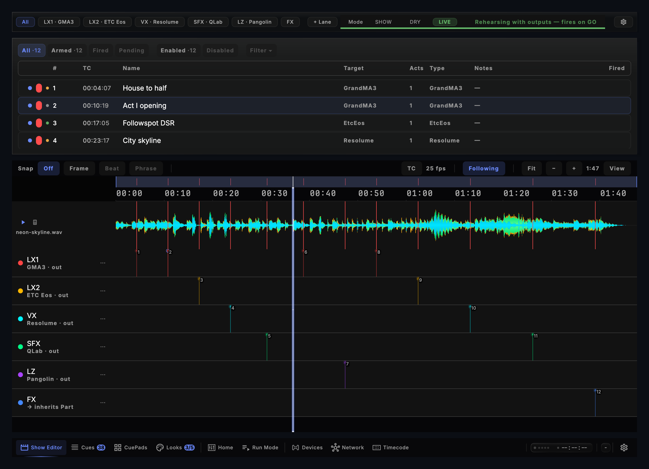 CueSync's Show Editor: lane filters, a timecode-ruled timeline with six routed output lanes, and the cue list beside it.