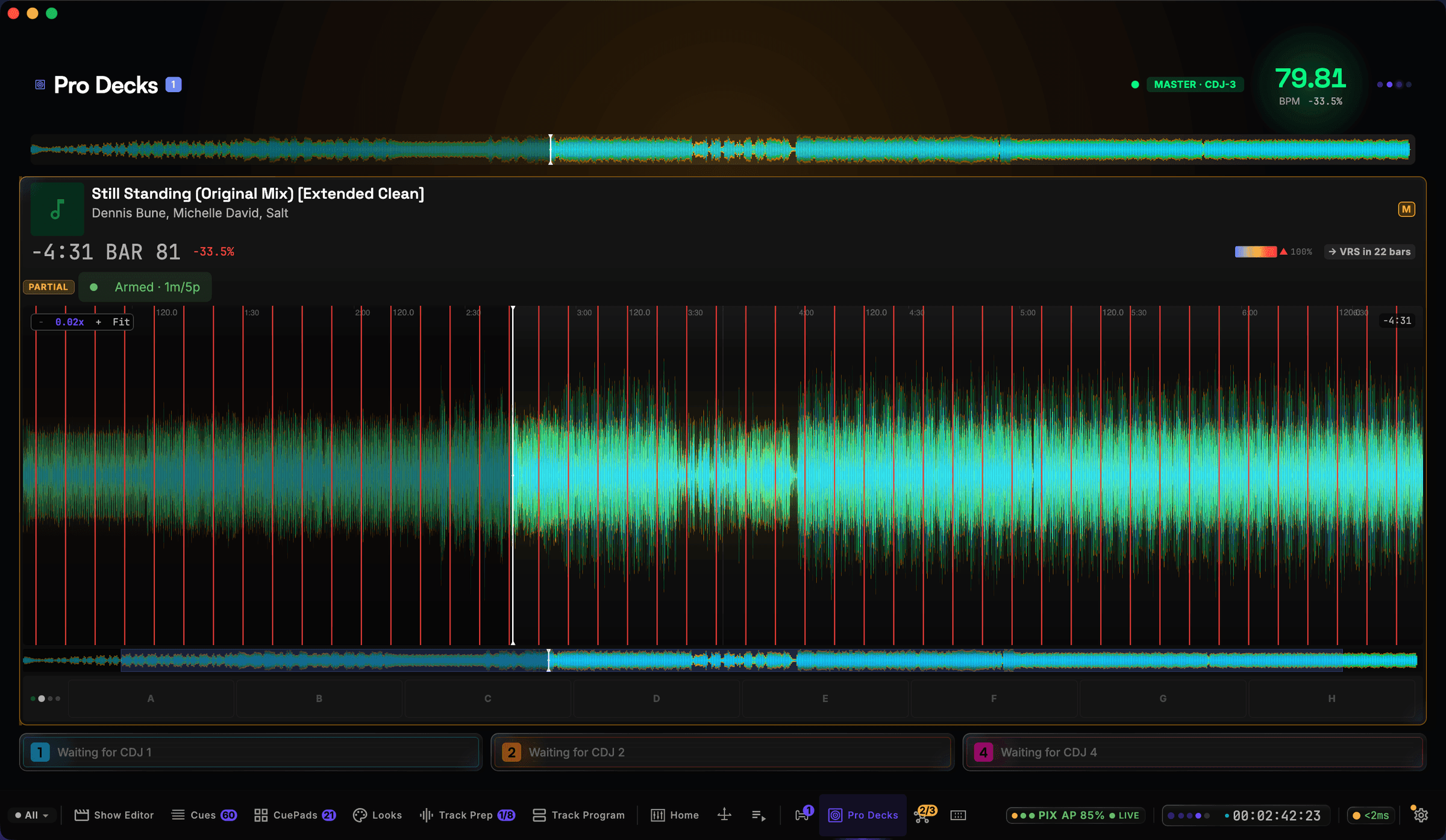 CueSync's Pro Decks over a live CDJ-3000: the streamed three-band waveform at bar 81, hot-cue lane A-H, 79.8 BPM.