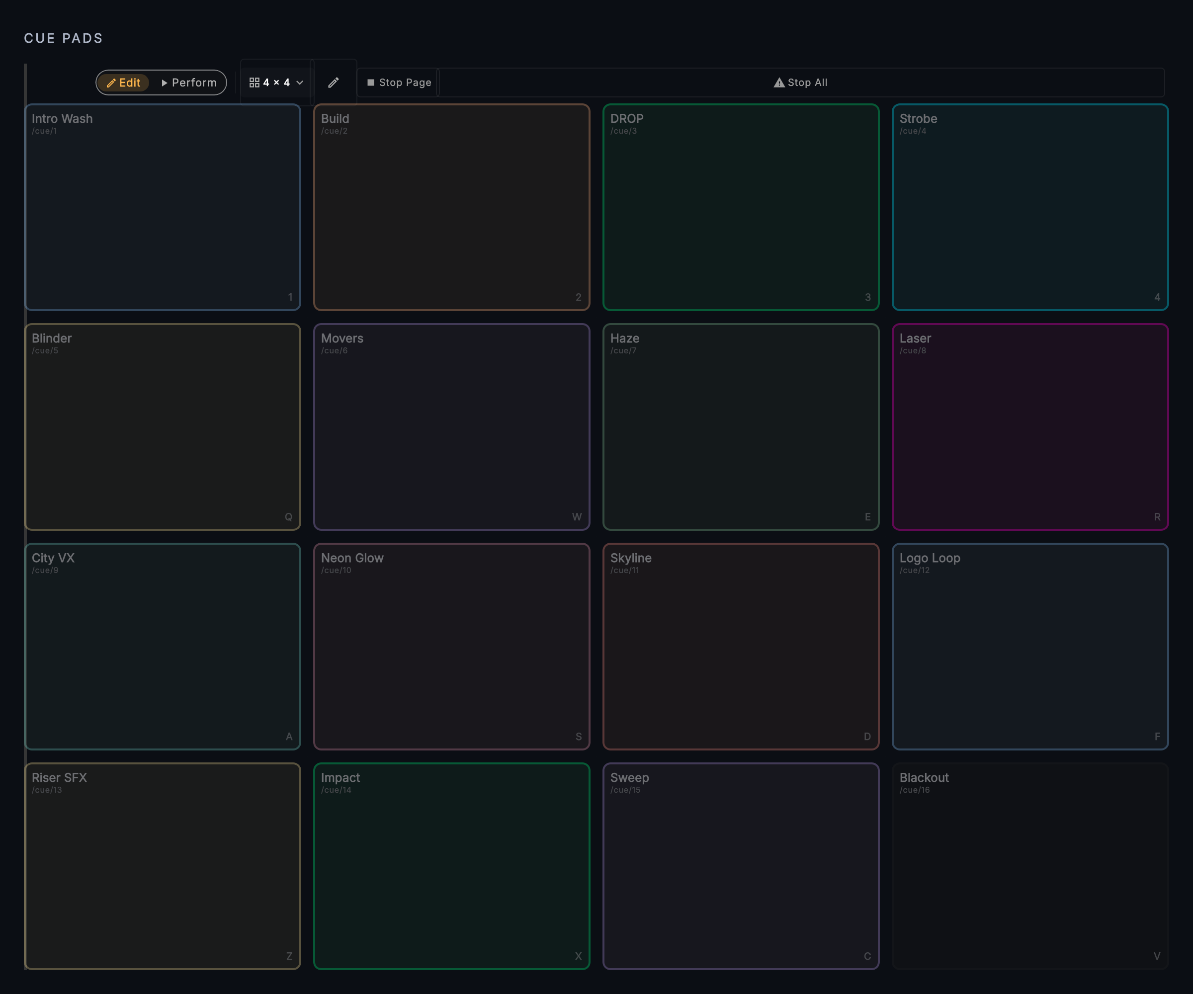 Cue Pads screen