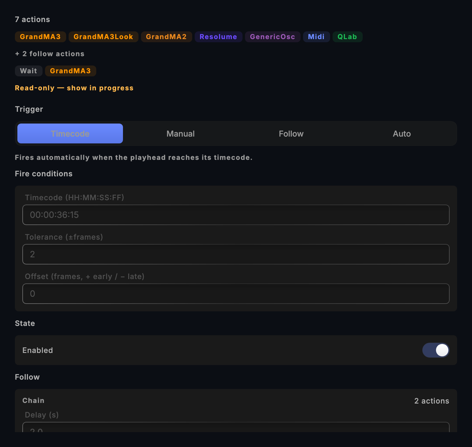 A show cue's Trigger control in the Show Editor Inspector; only cues set to Timecode reach the crowd score
