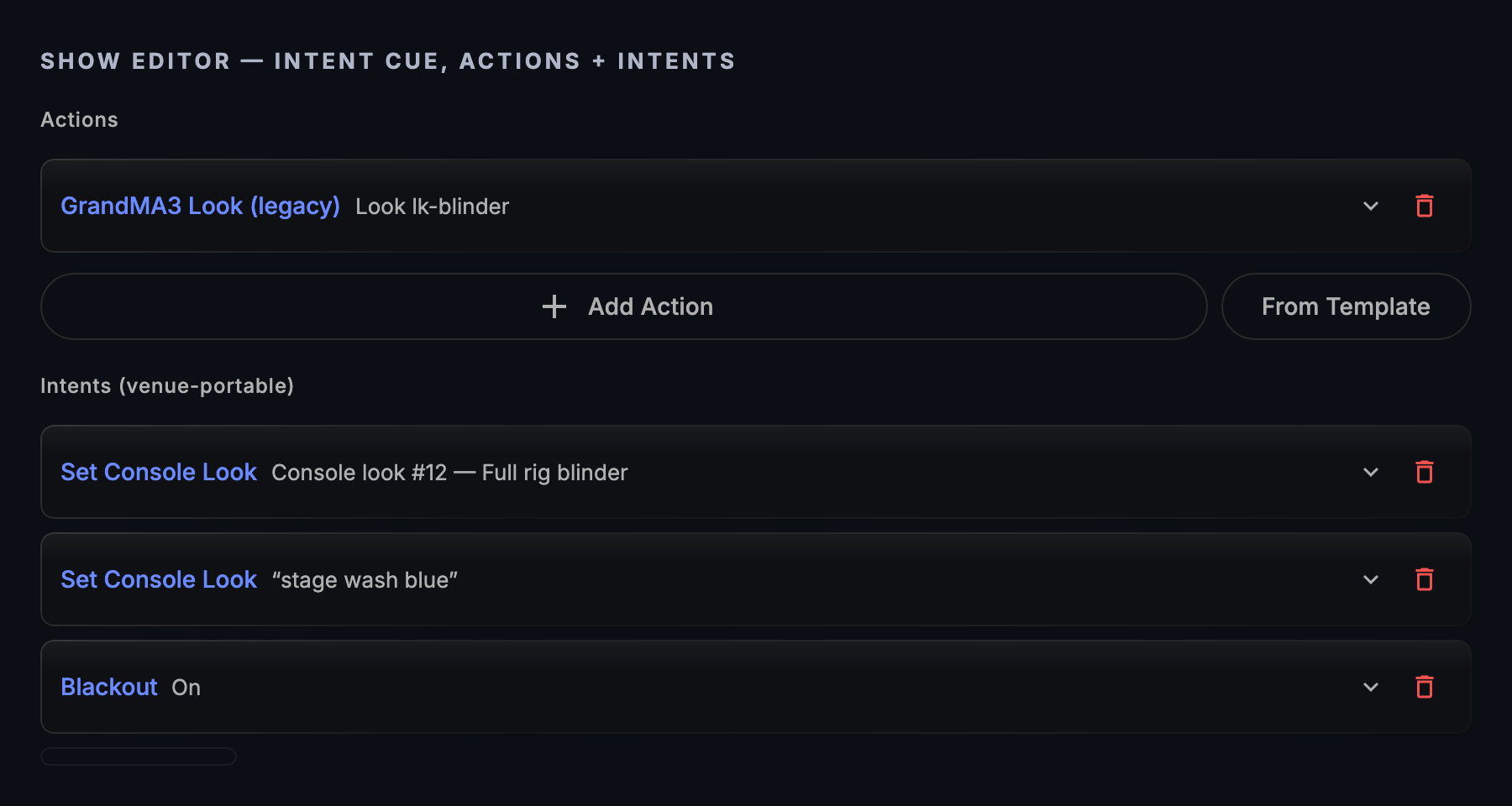 A Theatre cue's dialog with an Actions list and, beneath it, Intents (venue-portable): two Set Console Look intents and a Blackout