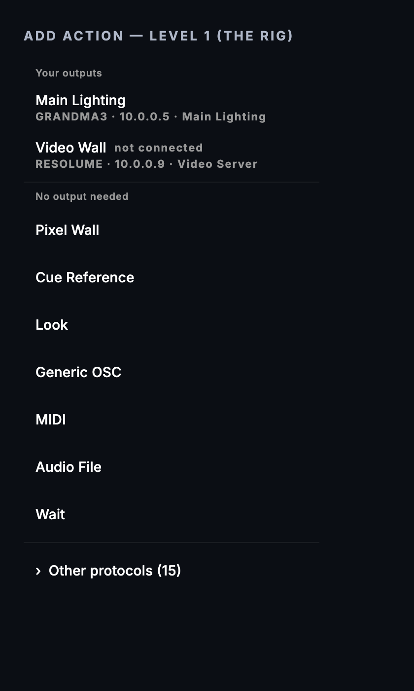 The Add Action menu lists your outputs first; an output that is not connected is marked
