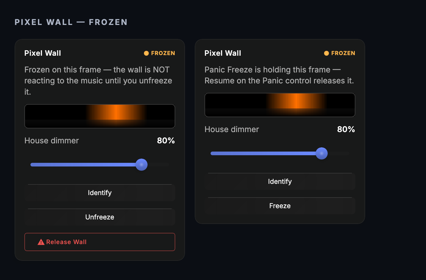 The pixel wall's live controls in two states: frozen by the wall's own Freeze (left, with Unfreeze and Release Wall) and held by Panic Freeze (right, released only by Resume on the Panic control)