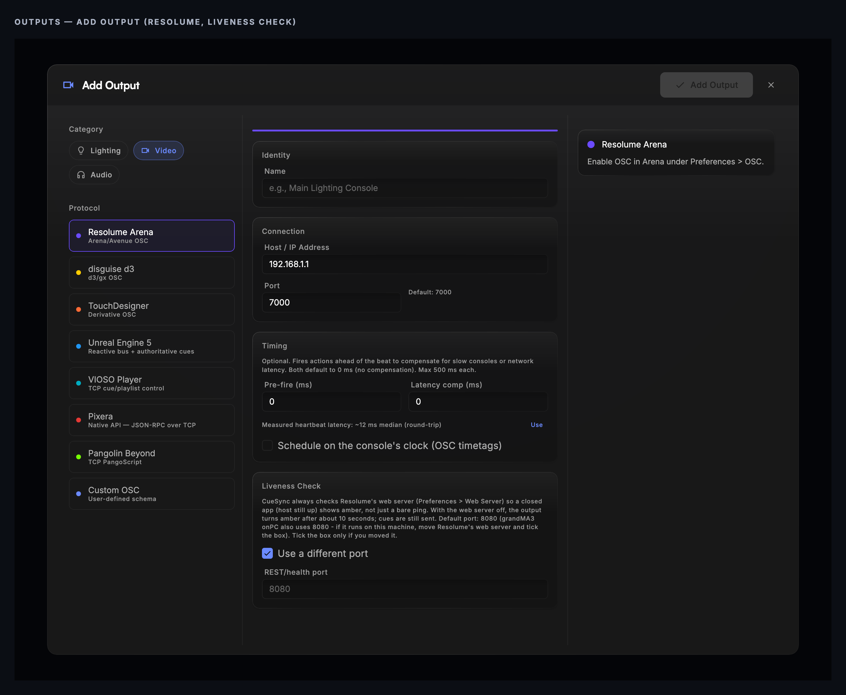 The Add Output dialog with Resolume Arena selected, showing Timing and Liveness Check