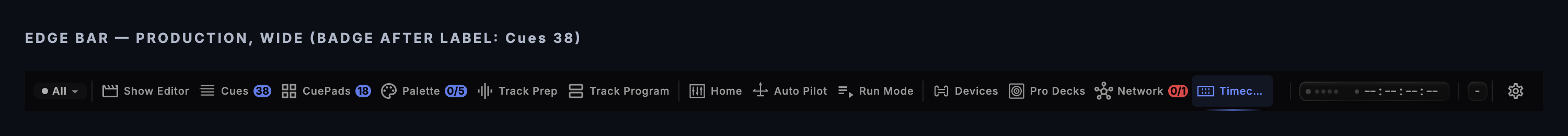The Production edge bar: Show Editor, Run Mode and Timecode beside Cues, Cue Pads and Auto Pilot