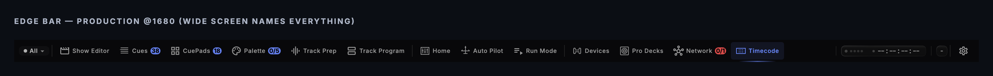 The navigation bar of the Production edition on a wide window: a working-context chip at the far left, then the Create, Control and Connect groups of screens, and Settings pinned at the right