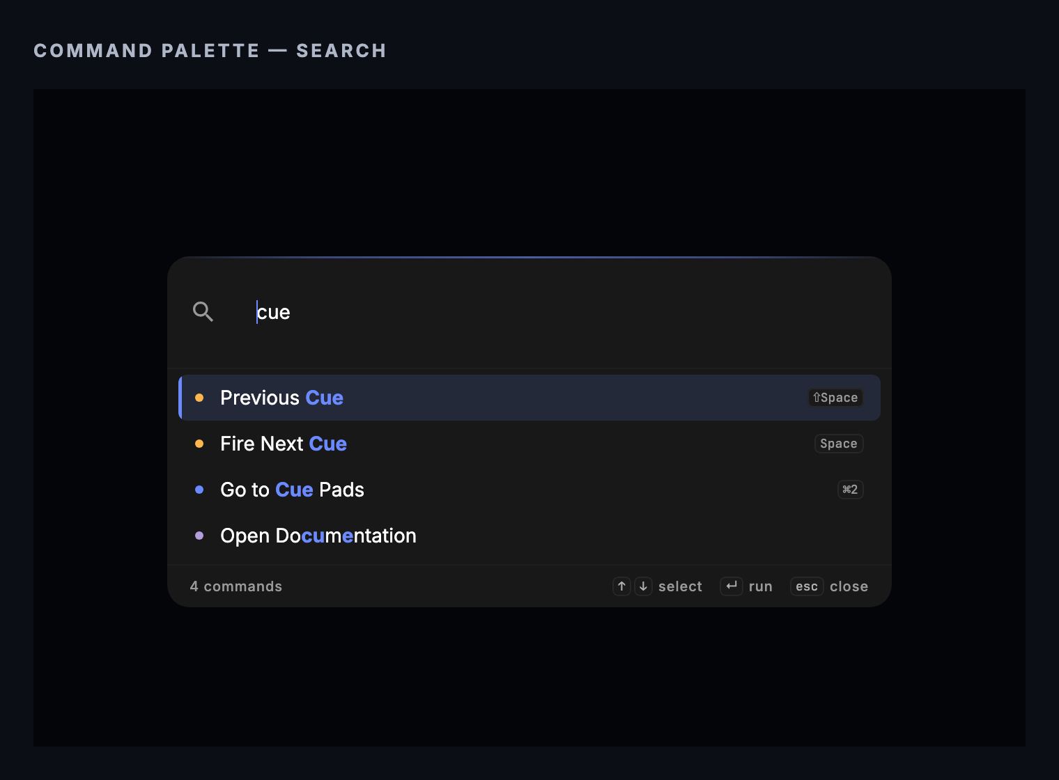 Command Palette filtered by a search term